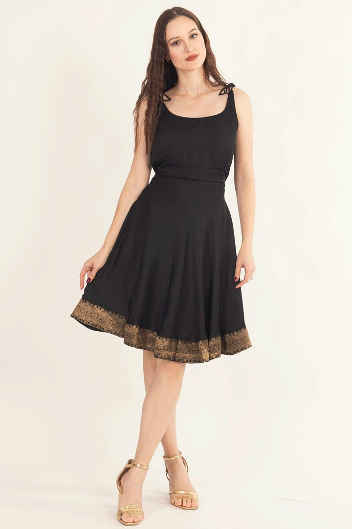 Black Mini Dress with Banarasi Silk Hem-Raas USA