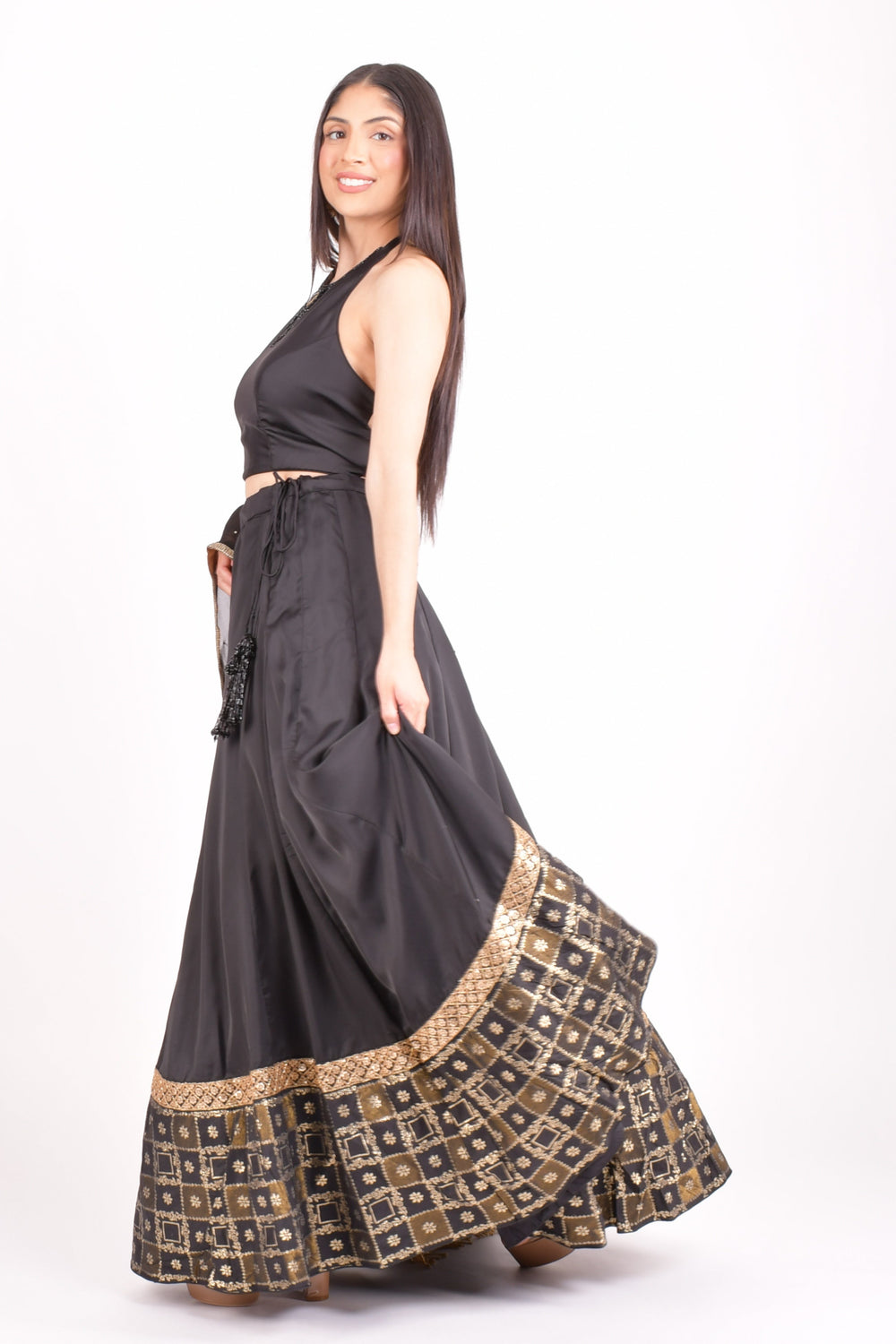 RAAS Black Modal Silk Lehenga Choli Gold Border Detail - Sangeet Indian Wedding Lehenga USA