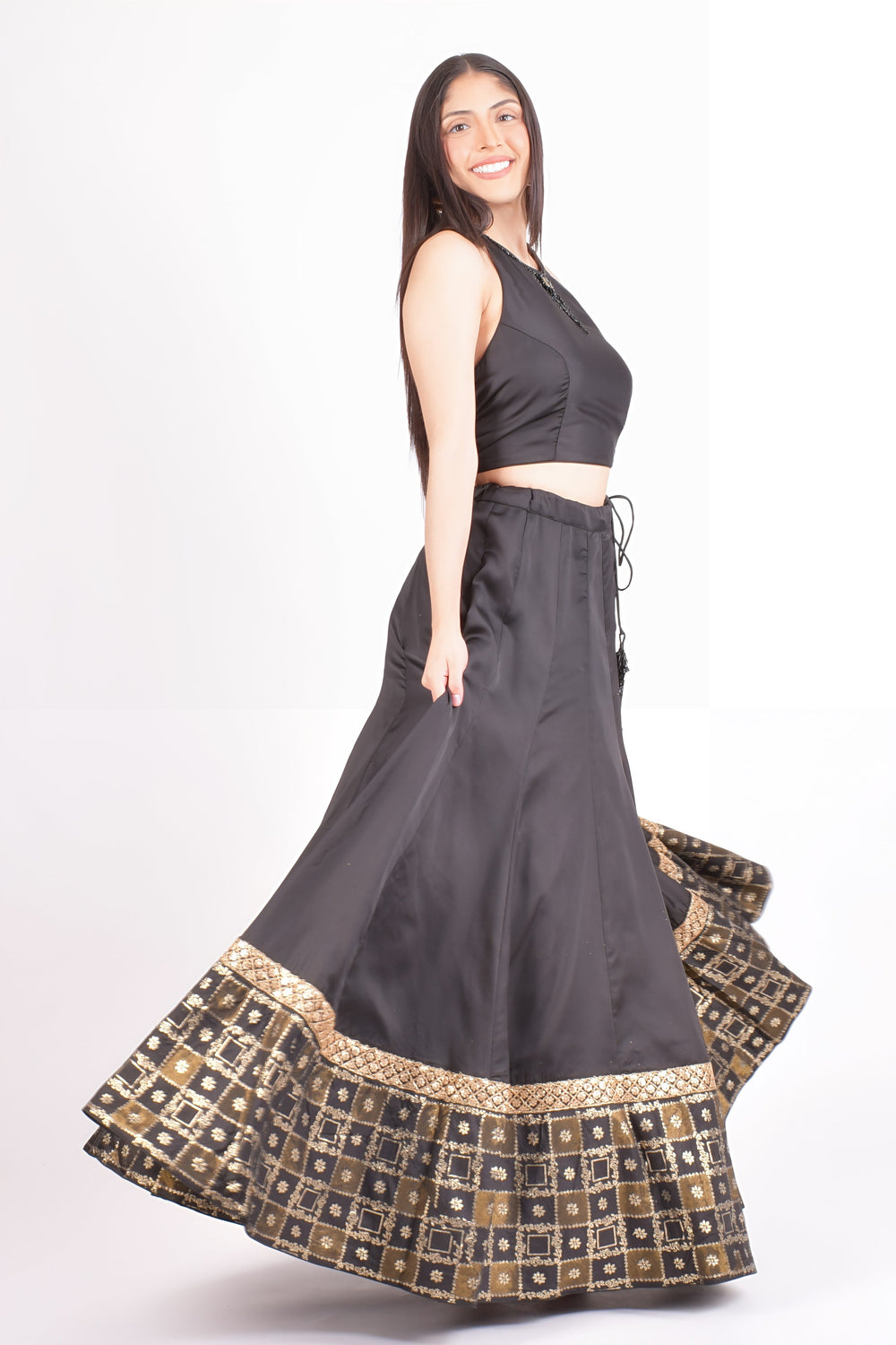 RAAS Black Halter Neck Lehenga Choli Blouse Detail - Gold Border Sangeet Wedding Outfit USA