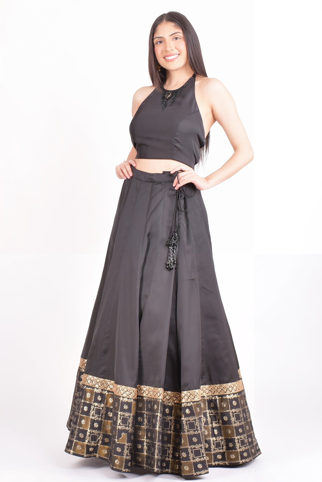 Black Modal Silk V-Neck Lehenga Choli-[comfort-first-design]-[lightweight]-Raas