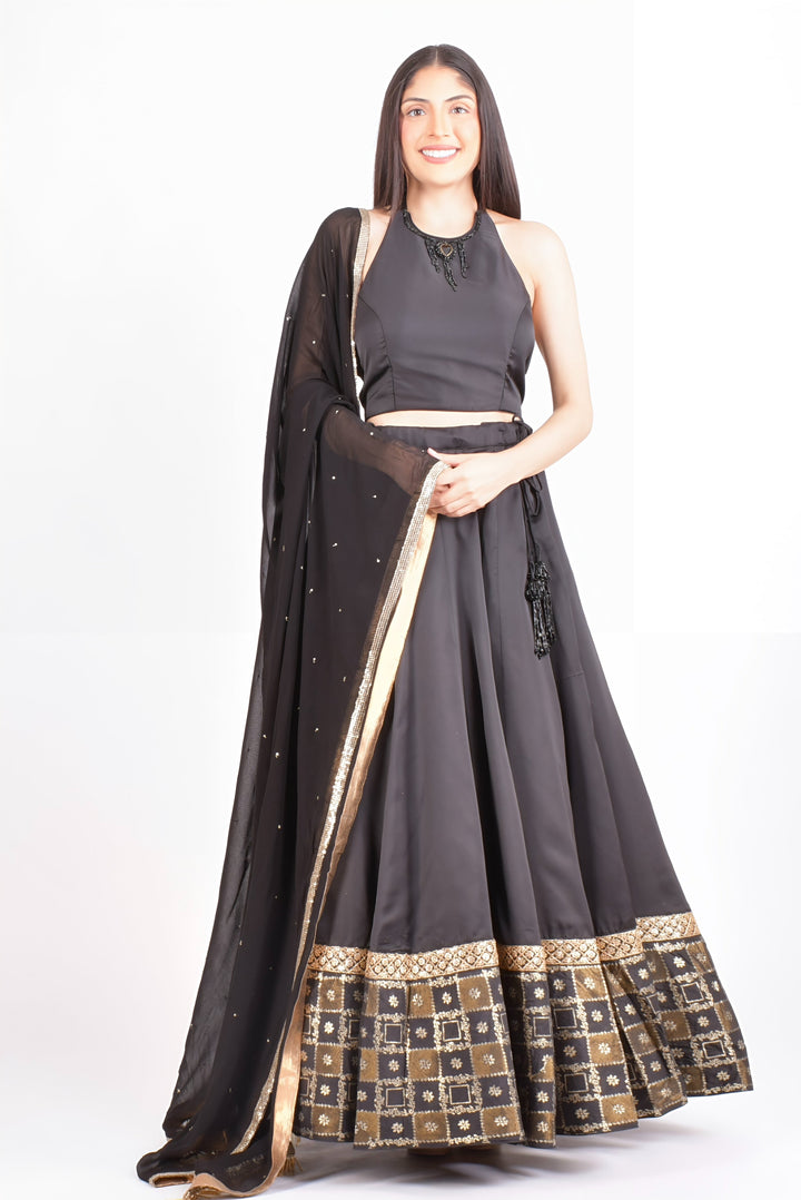 Black Modal Silk V-Neck Lehenga Choli-[comfort-first-design]-[lightweight]-Raas