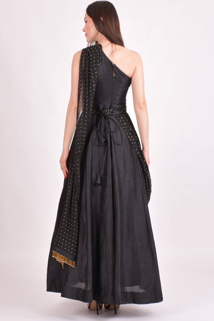Black One Shoulder Embroidered Saree Gown ANARKALI & GOWN RAAS