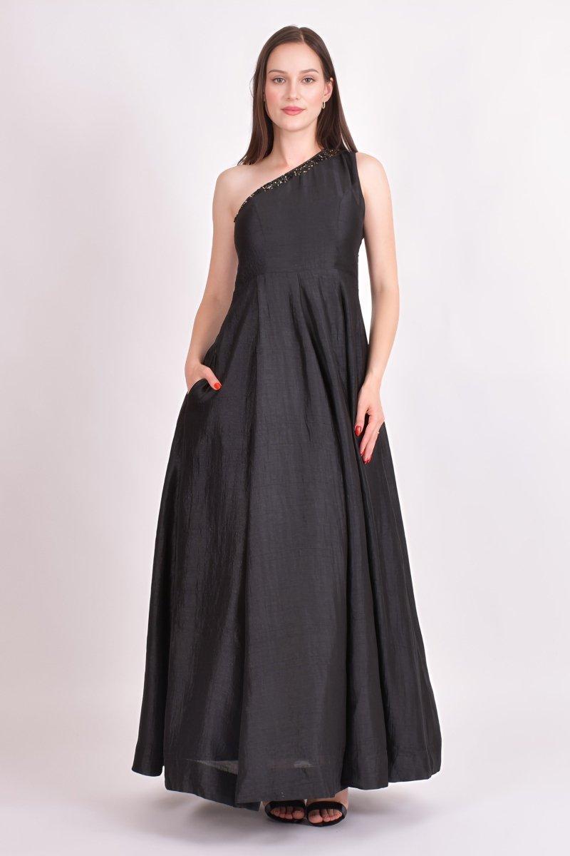 Black One Shoulder Embroidered Saree Gown ANARKALI & GOWN RAAS