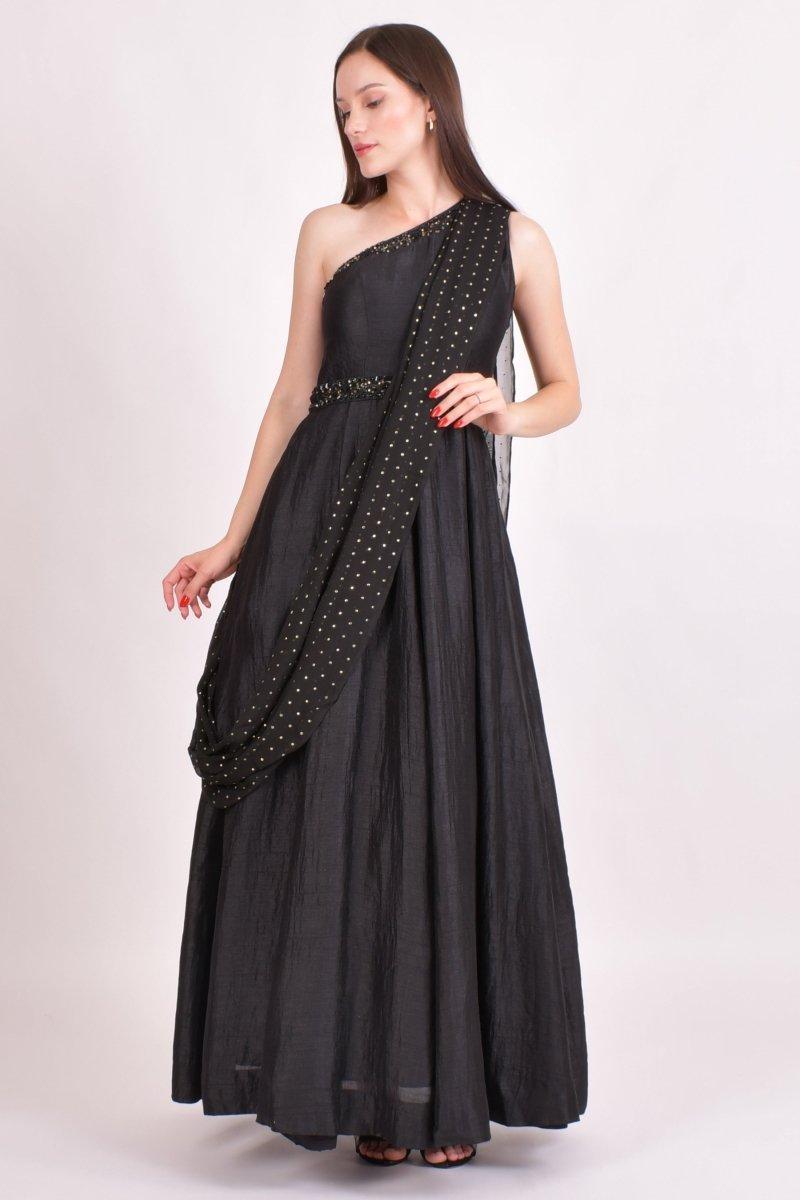Black One Shoulder Saree Gown for Indian Weddings USA RAAS XS / Black Black One Shoulder Saree Gown for Indian Weddings USA RAAS XS / Black