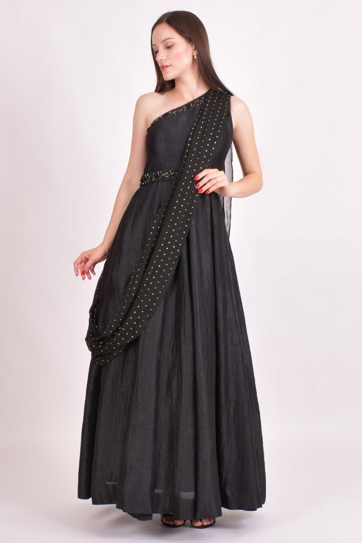 Black One Shoulder Embroidered Saree Gown ANARKALI & GOWN RAAS