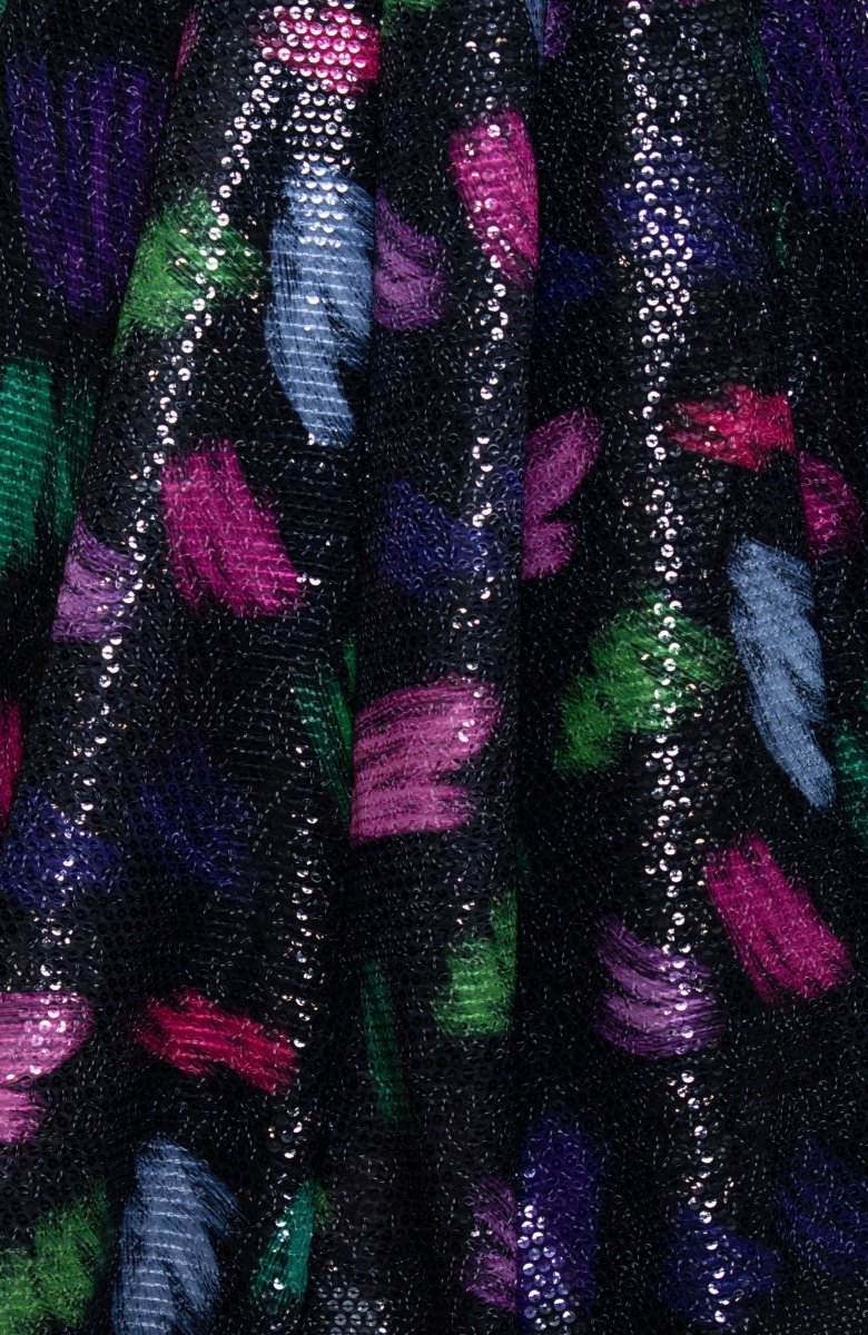 Close-up of black georgette fabric with colorful brushstroke sequins embroidery.