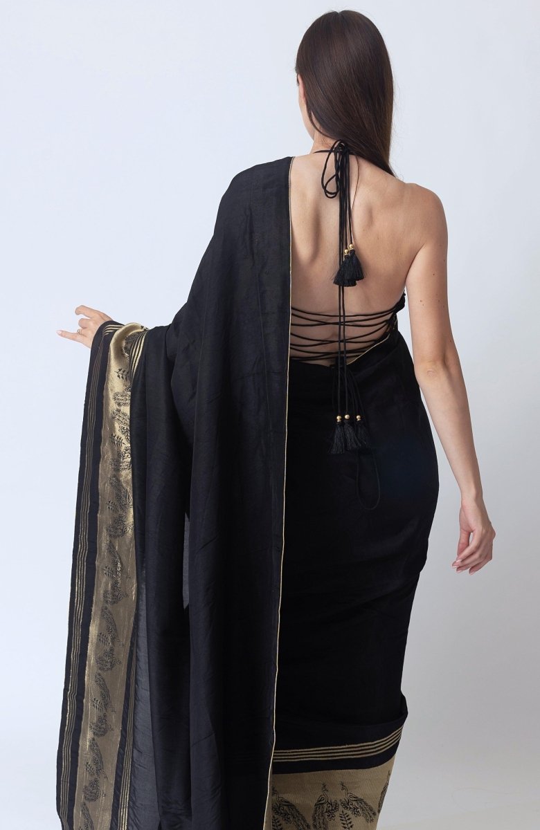 Black Pre Stitched Saree with Hand Embroidered Blouse-[pre_stitched_saree]-Raas