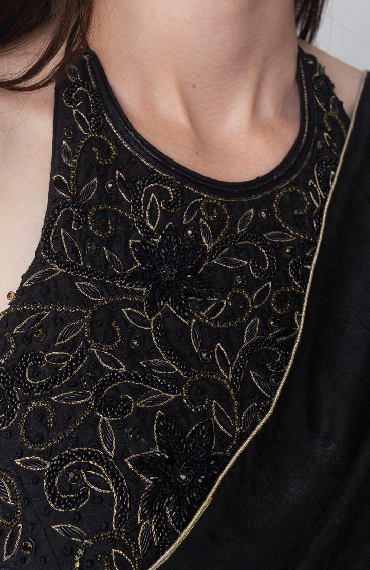 Black Pre Stitched Saree with Hand Embroidered Blouse-[pre_stitched_saree]-Raas