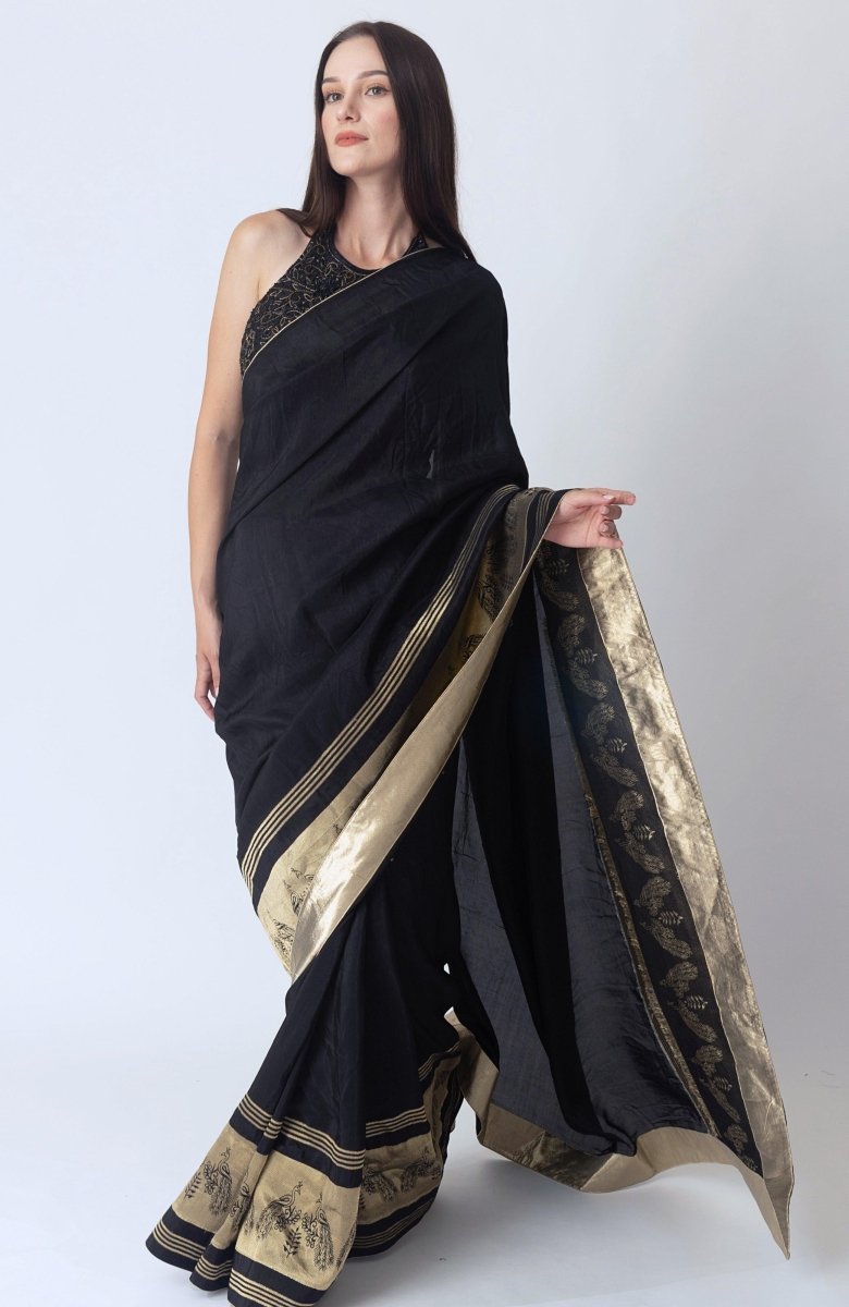 Black Pre Stitched Saree with Hand Embroidered Blouse-[pre_stitched_saree]-Raas