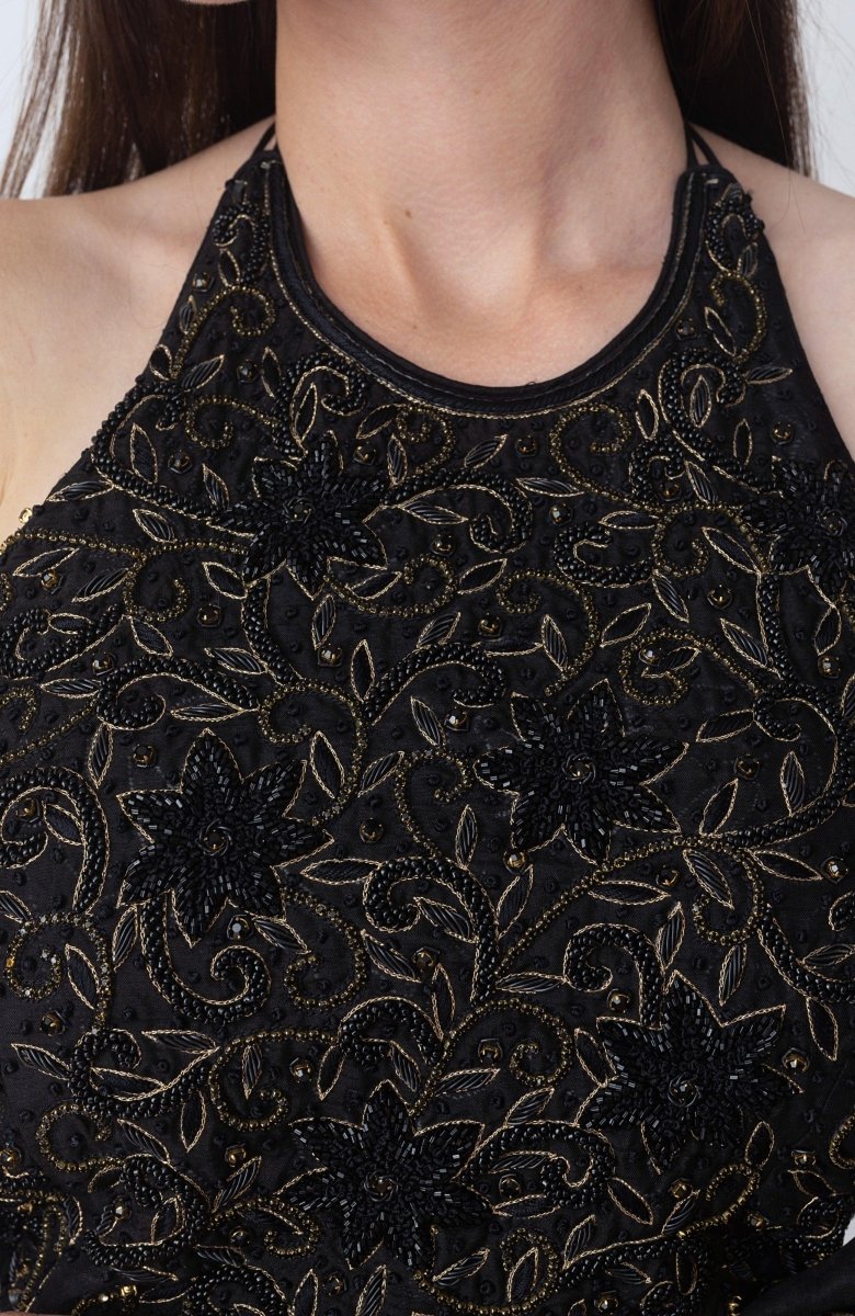 Black Pre Stitched Saree with Hand Embroidered Blouse-[pre_stitched_saree]-Raas