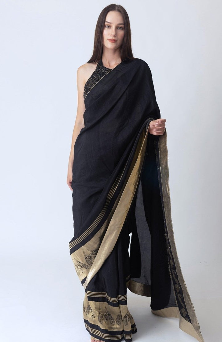 Black Pre Stitched Saree with Hand Embroidered Blouse-[pre_stitched_saree]-Raas