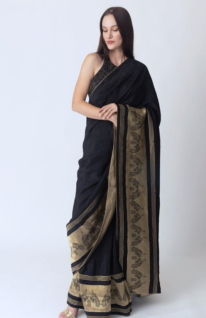 Black Pre Stitched Saree with Hand Embroidered Blouse-[pre_stitched_saree]-Raas
