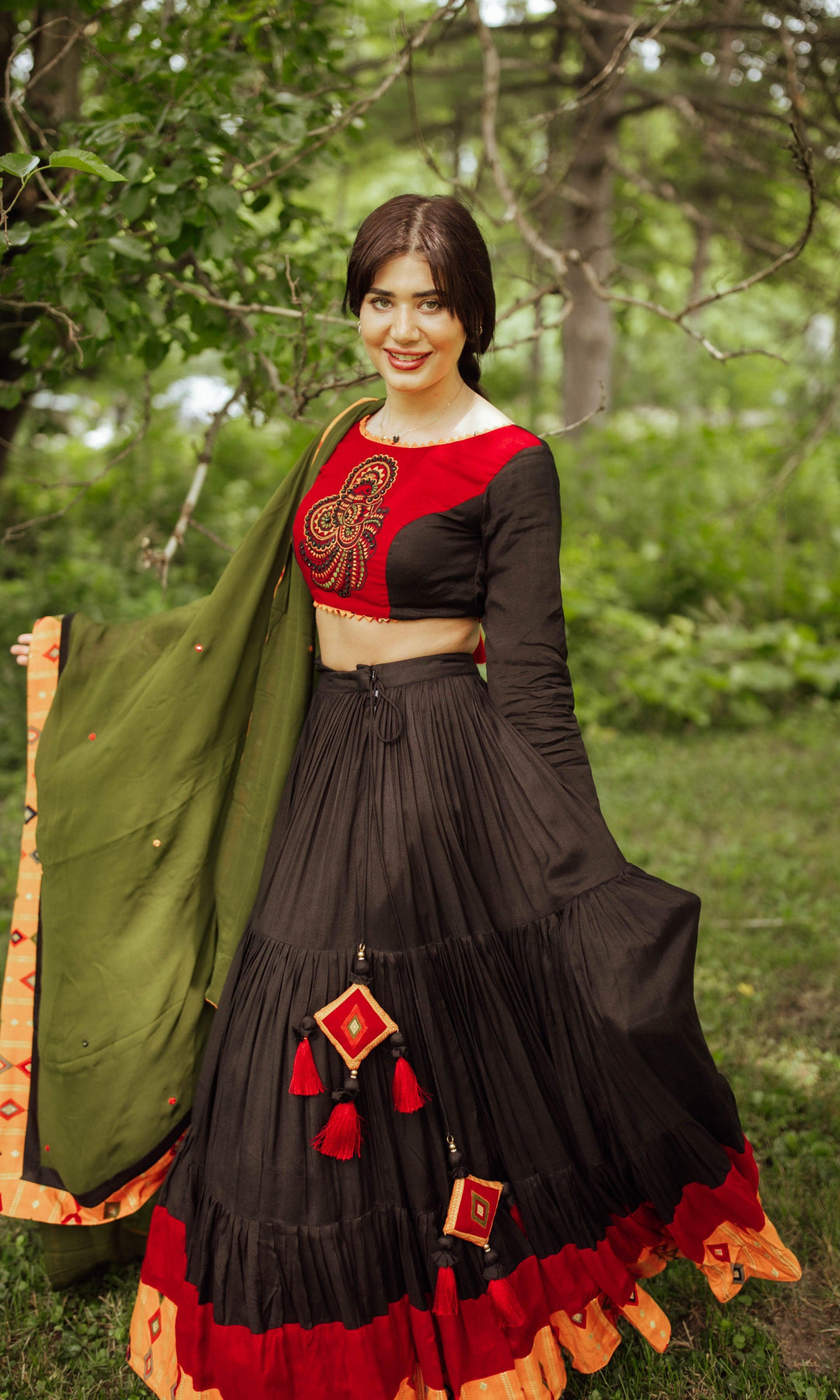 Black Red Flared Chaniya Choli Set-Raas USA