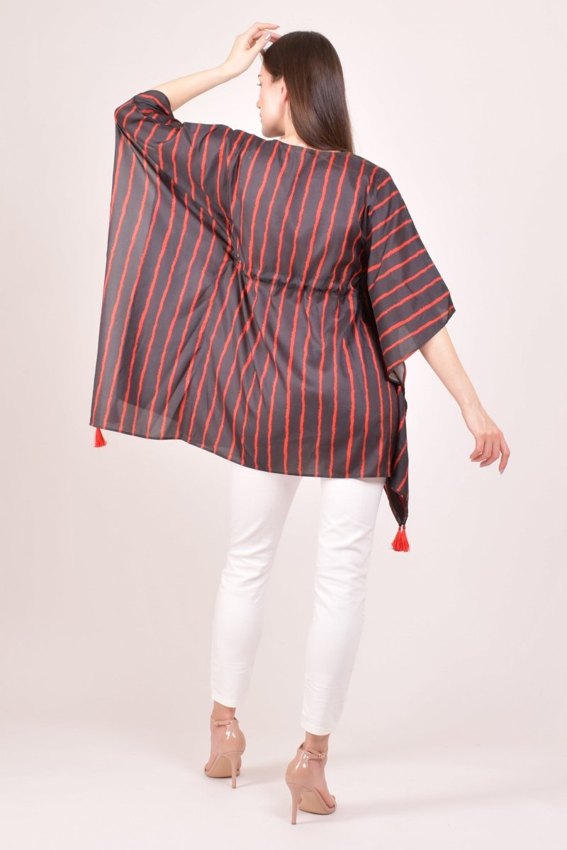 Black & Red Striped Floral Embroidered Kaftan Top RAAS