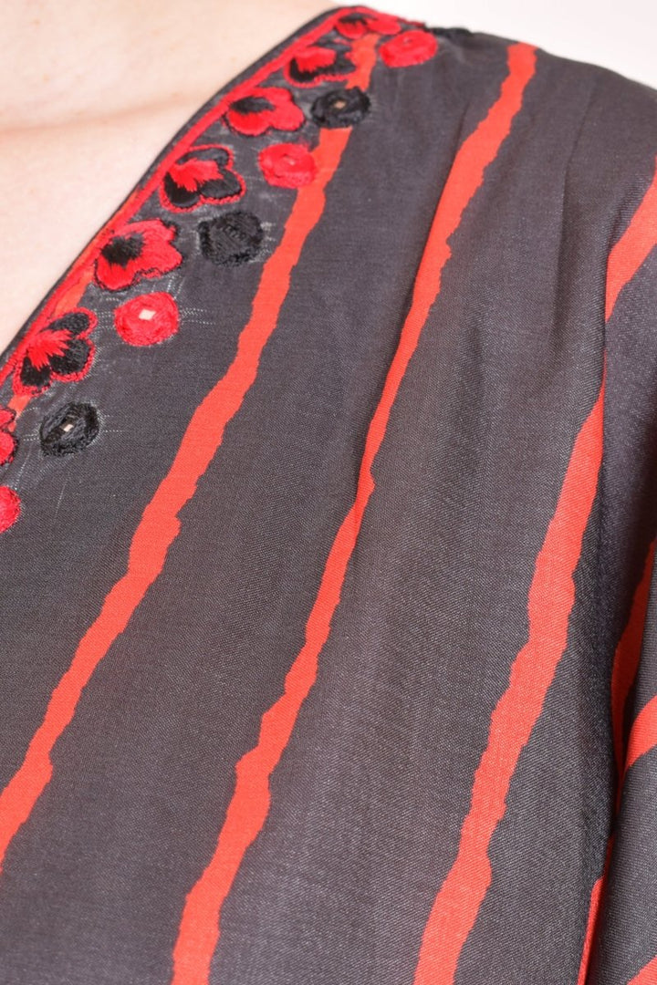 Black & Red Striped Floral Embroidered Kaftan Top RAAS