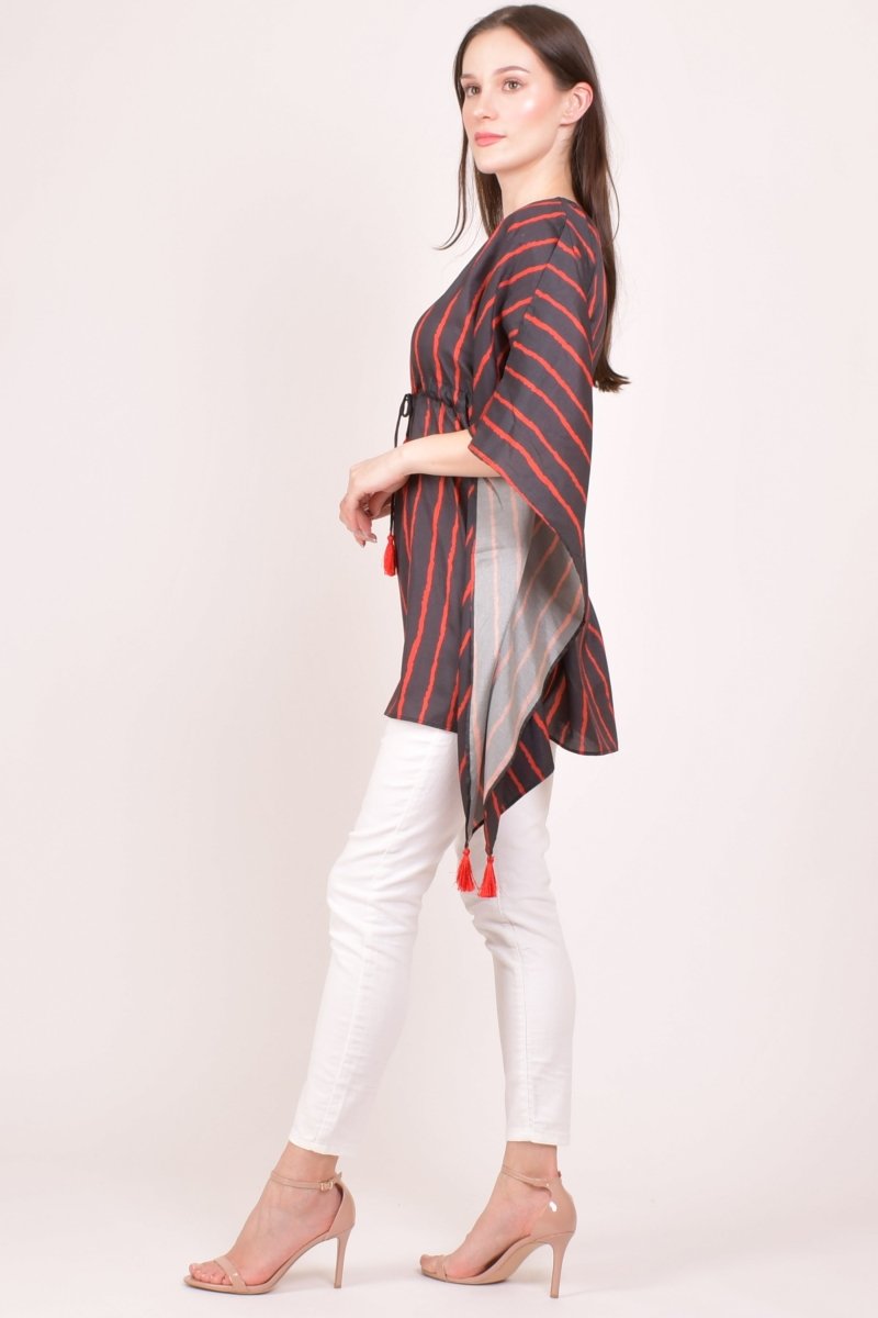 Black & Red Striped Floral Embroidered Kaftan Top RAAS