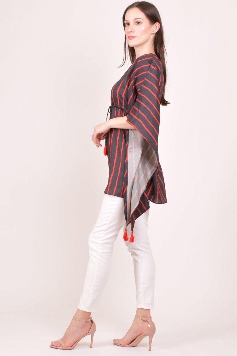 Black & Red Striped Floral Embroidered Kaftan Top RAAS