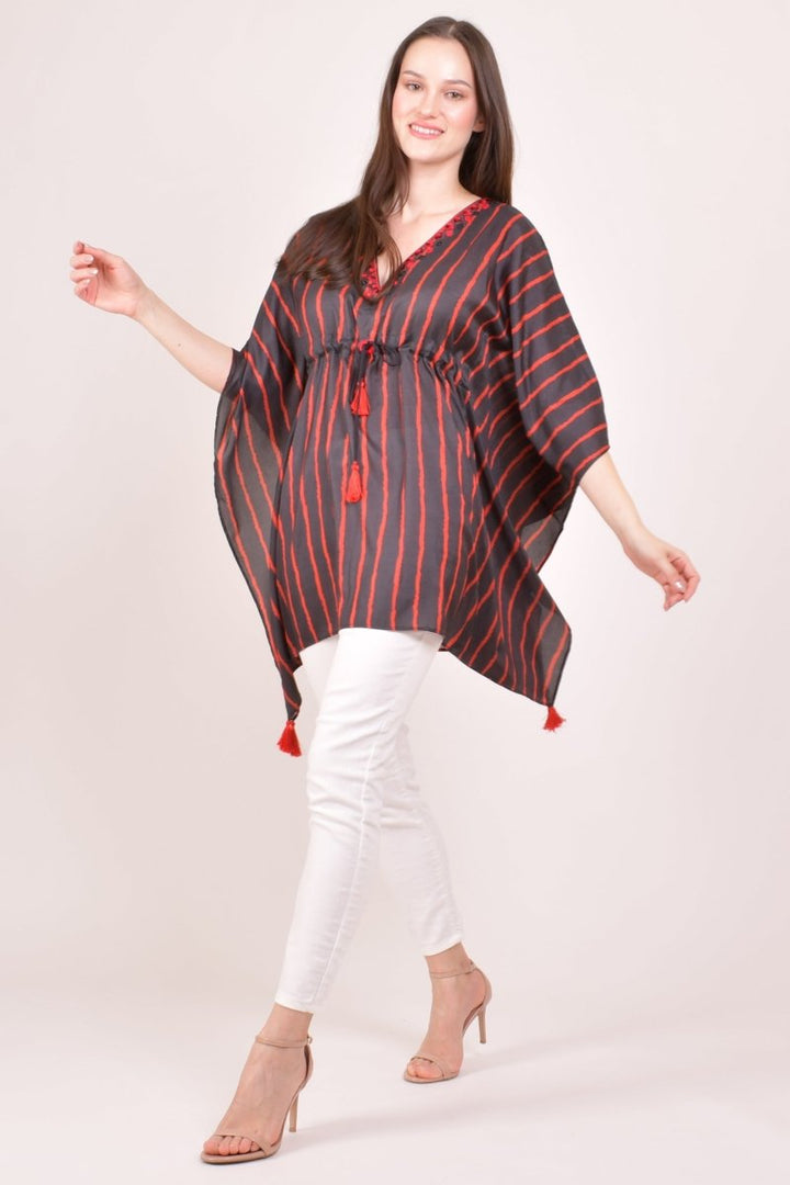 Black & Red Striped Floral Embroidered Kaftan Top RAAS