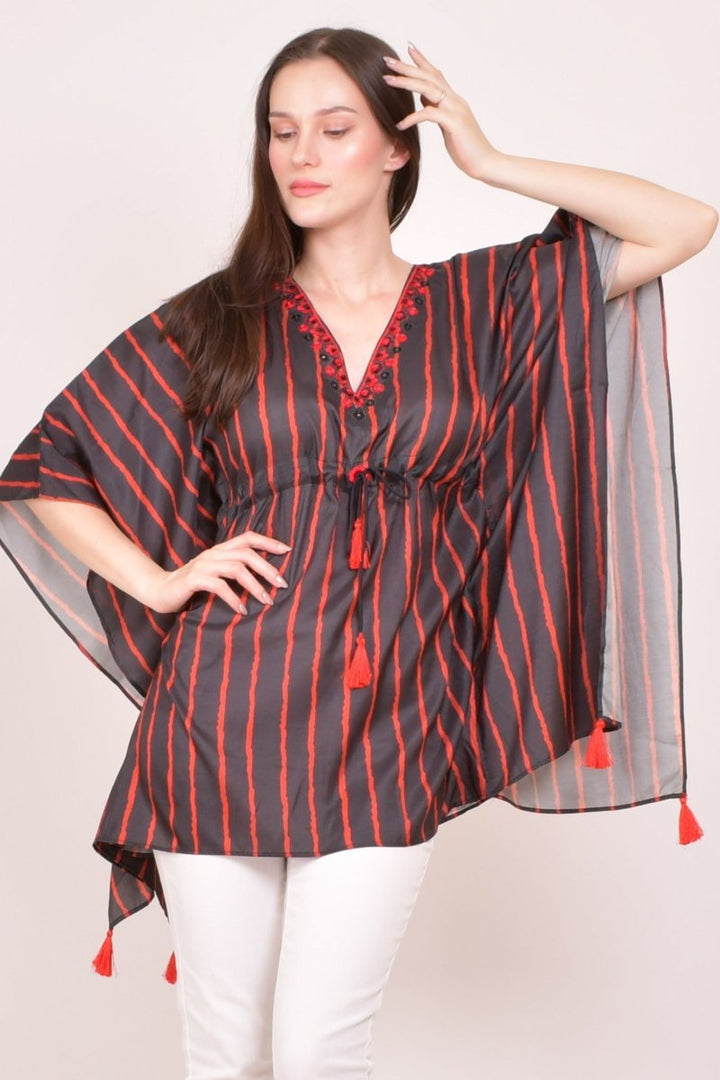 Black & Red Striped Floral Embroidered Kaftan Top RAAS