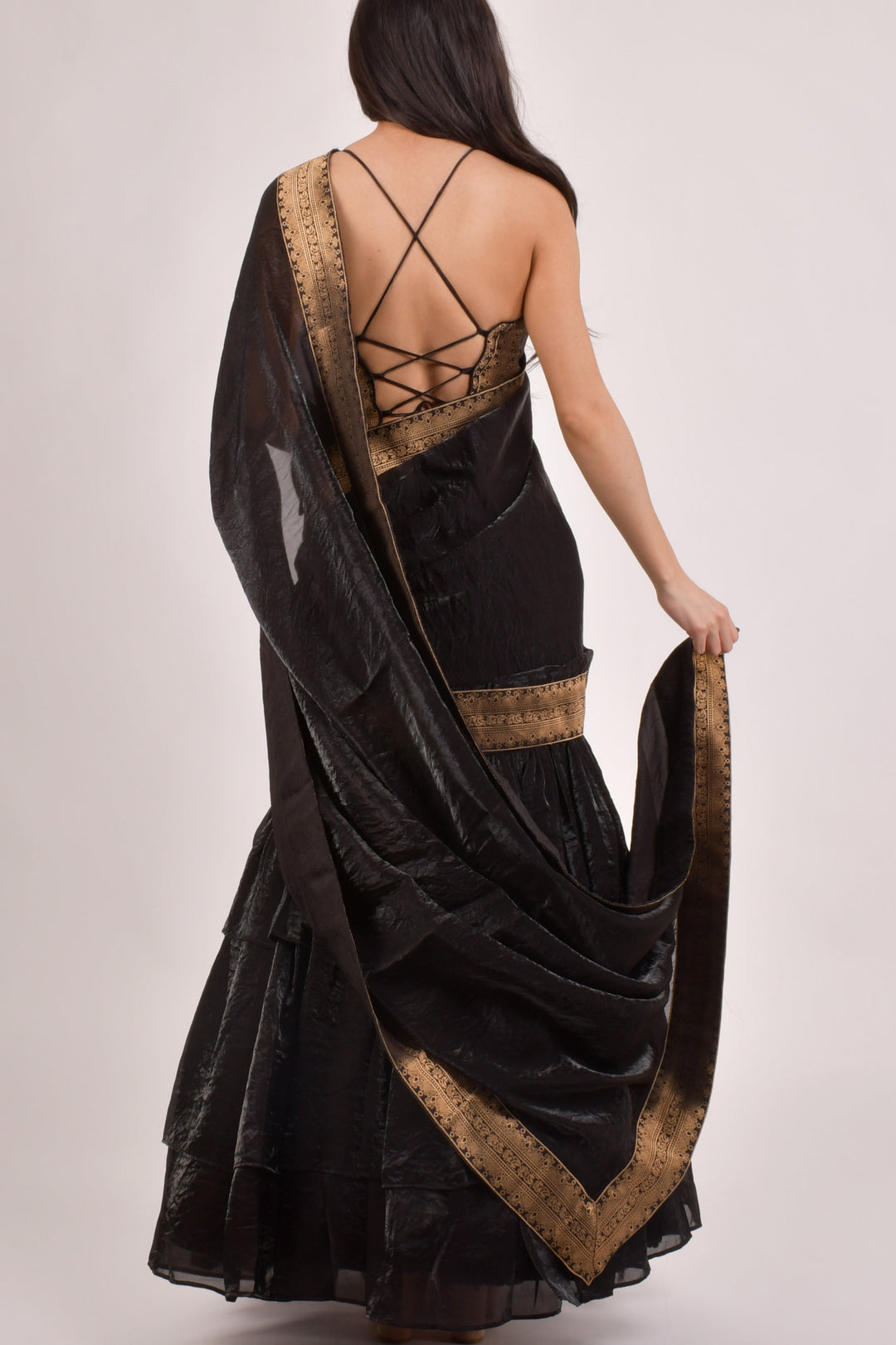 Black Ruffle Saree - Pre-Stitched Ready to Wear Saree with Jacquard Border-[ruffle_ready_to_wear_saree]-Raas