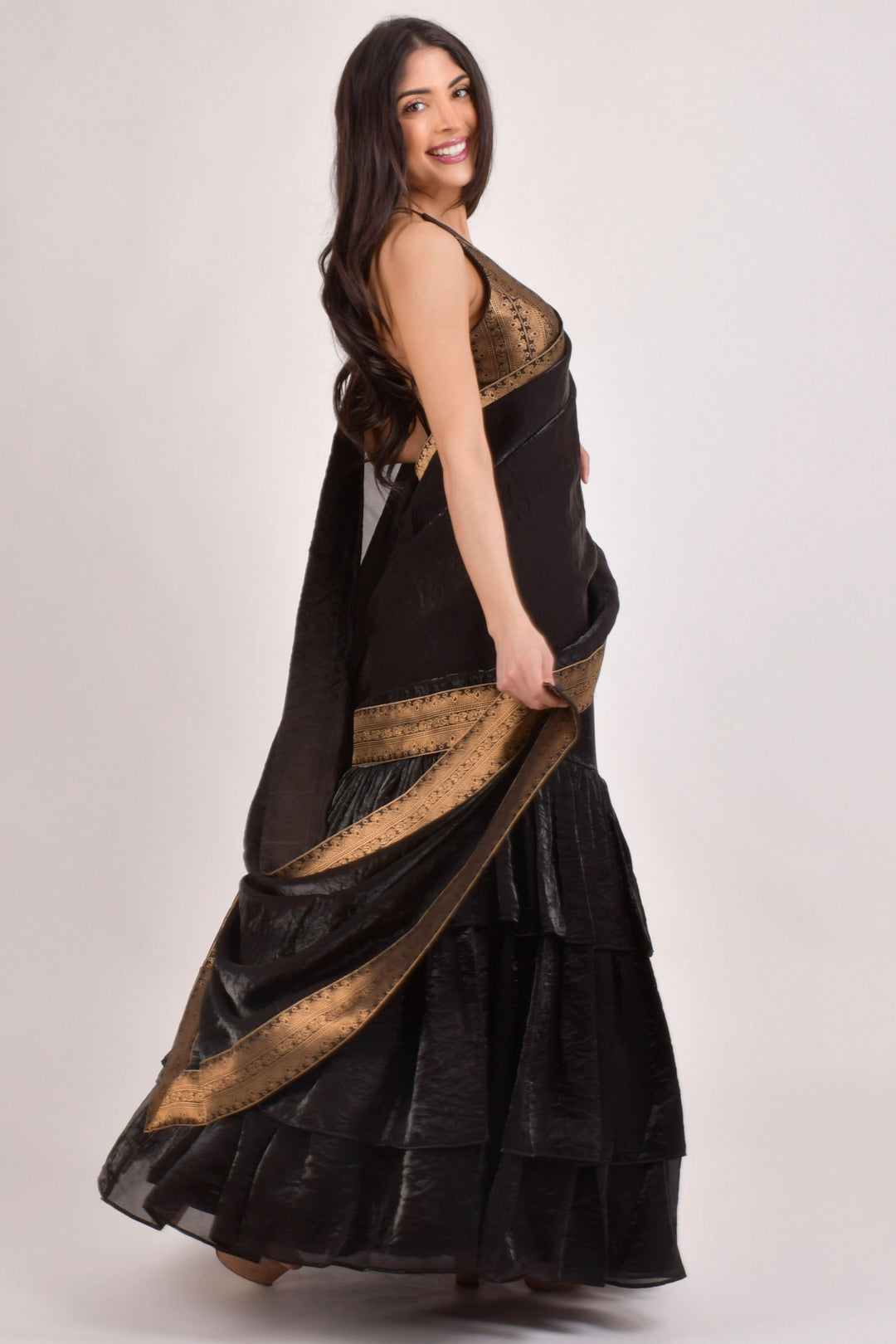 Black Ruffle Saree - Pre-Stitched Ready to Wear Saree with Jacquard Border-[ruffle_ready_to_wear_saree]-Raas