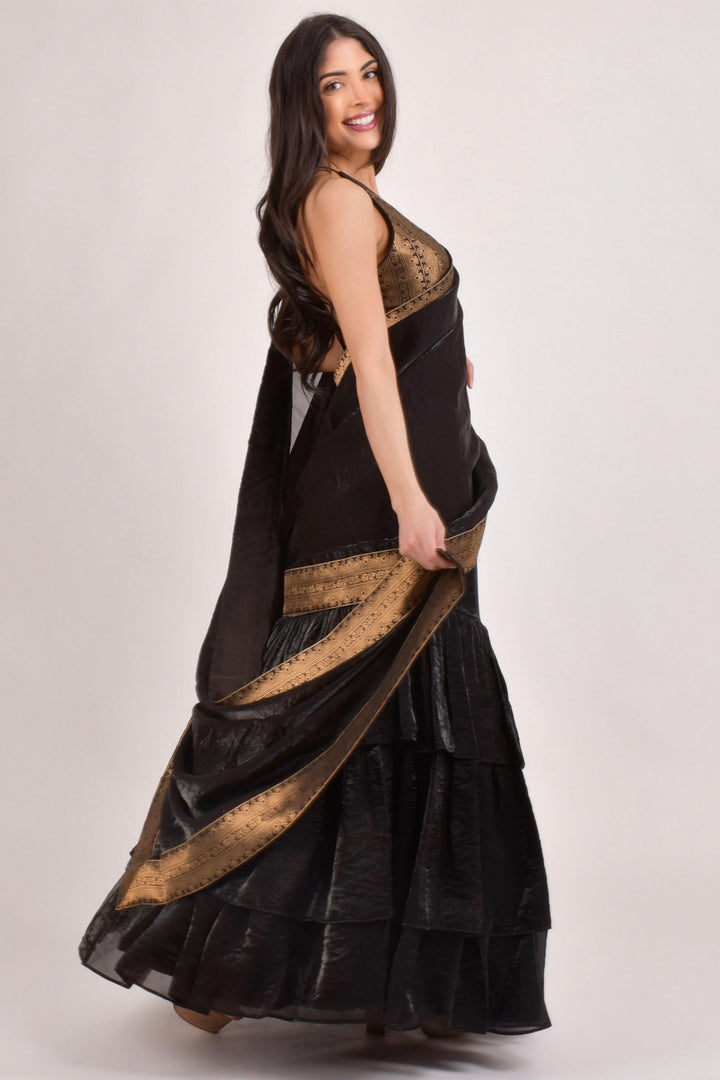 Black Ruffle Saree - Pre-Stitched Ready to Wear Saree with Jacquard Border-[ruffle_ready_to_wear_saree]-Raas