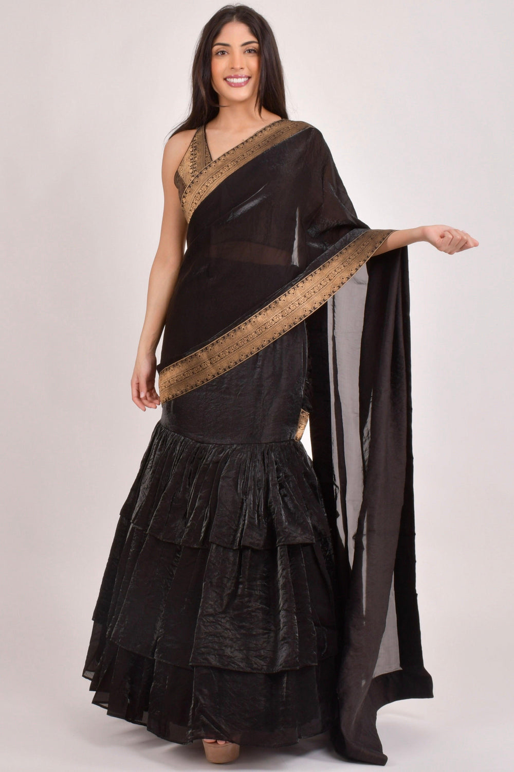 Black Ruffle Saree - Pre-Stitched Ready to Wear Saree with Jacquard Border-[ruffle_ready_to_wear_saree]-Raas