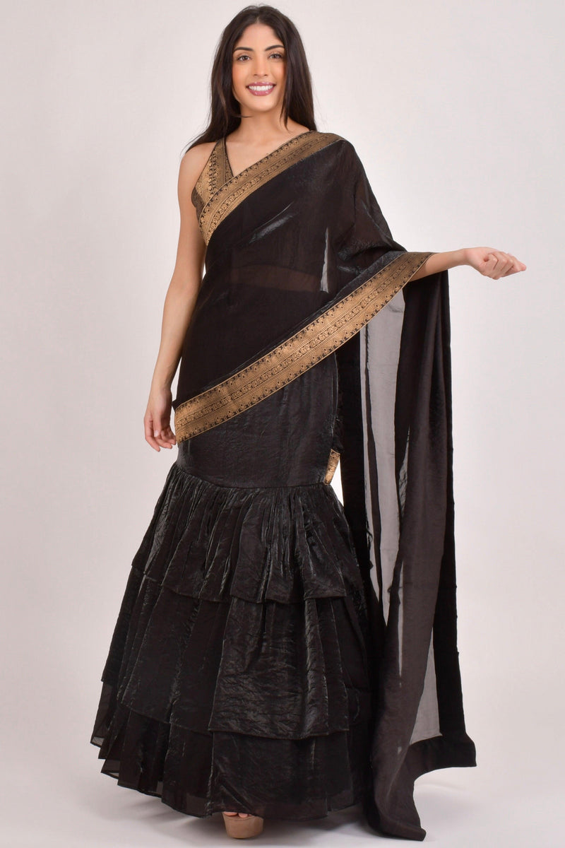 Black Ruffle Saree - Pre-Stitched Ready to Wear Saree with Jacquard Border-[ruffle_ready_to_wear_saree]-Raas