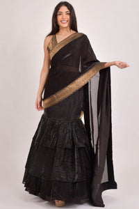 Black Ruffle Saree - Pre-Stitched Ready to Wear Saree with Jacquard Border-[ruffle_ready_to_wear_saree]-Raas
