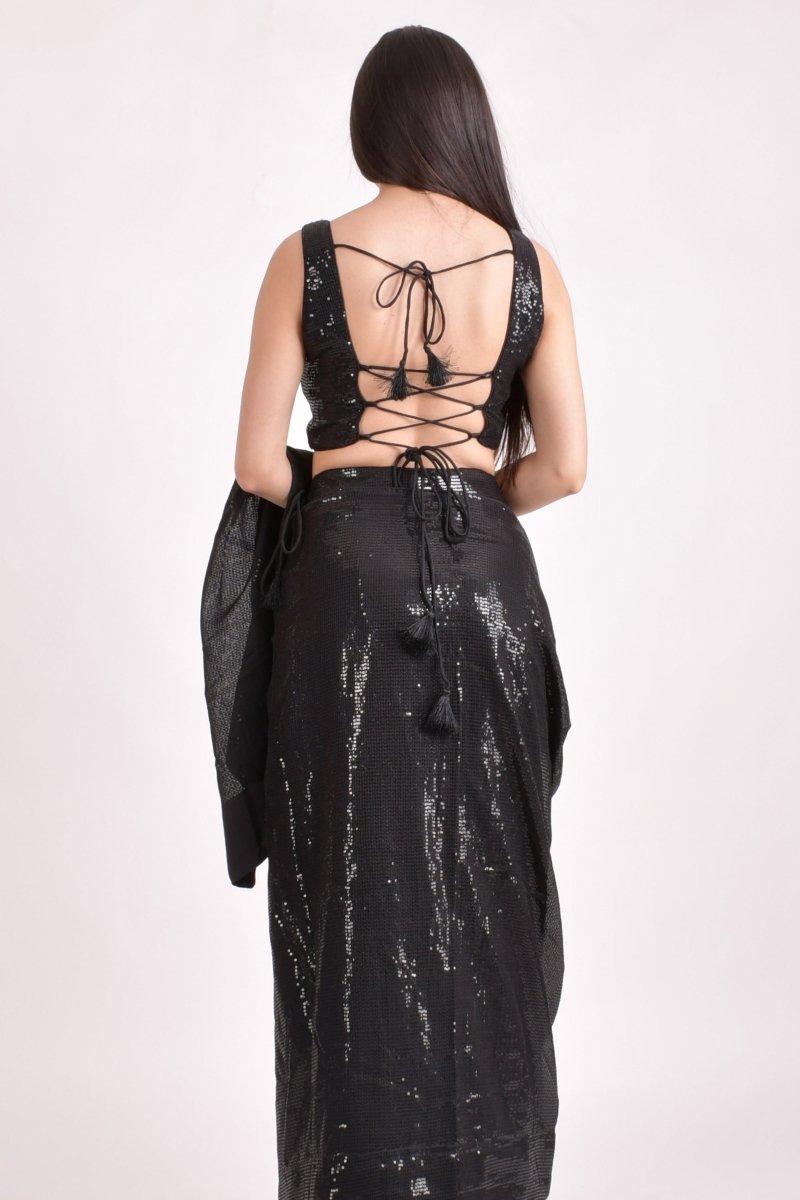 Black Sequins Pre-Draped Saree and V Neck Sequins Blouse-[pre_stitched_saree]-Raas