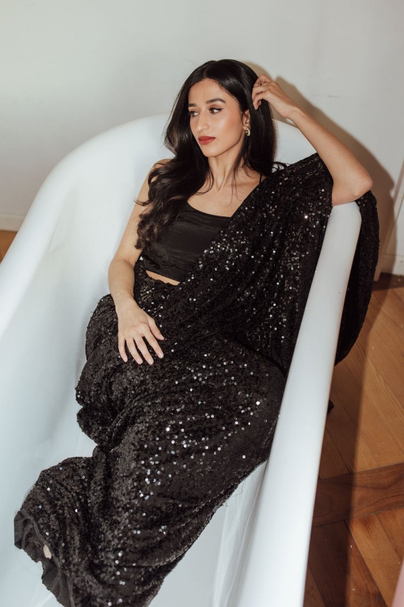 Black Sequins Pre-Draped Saree and V Neck Sequins Blouse-[pre_stitched_saree]-Raas