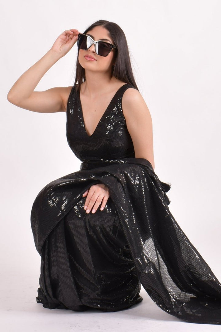 Black Sequins Pre-Draped Saree and V Neck Sequins Blouse-[pre_stitched_saree]-Raas