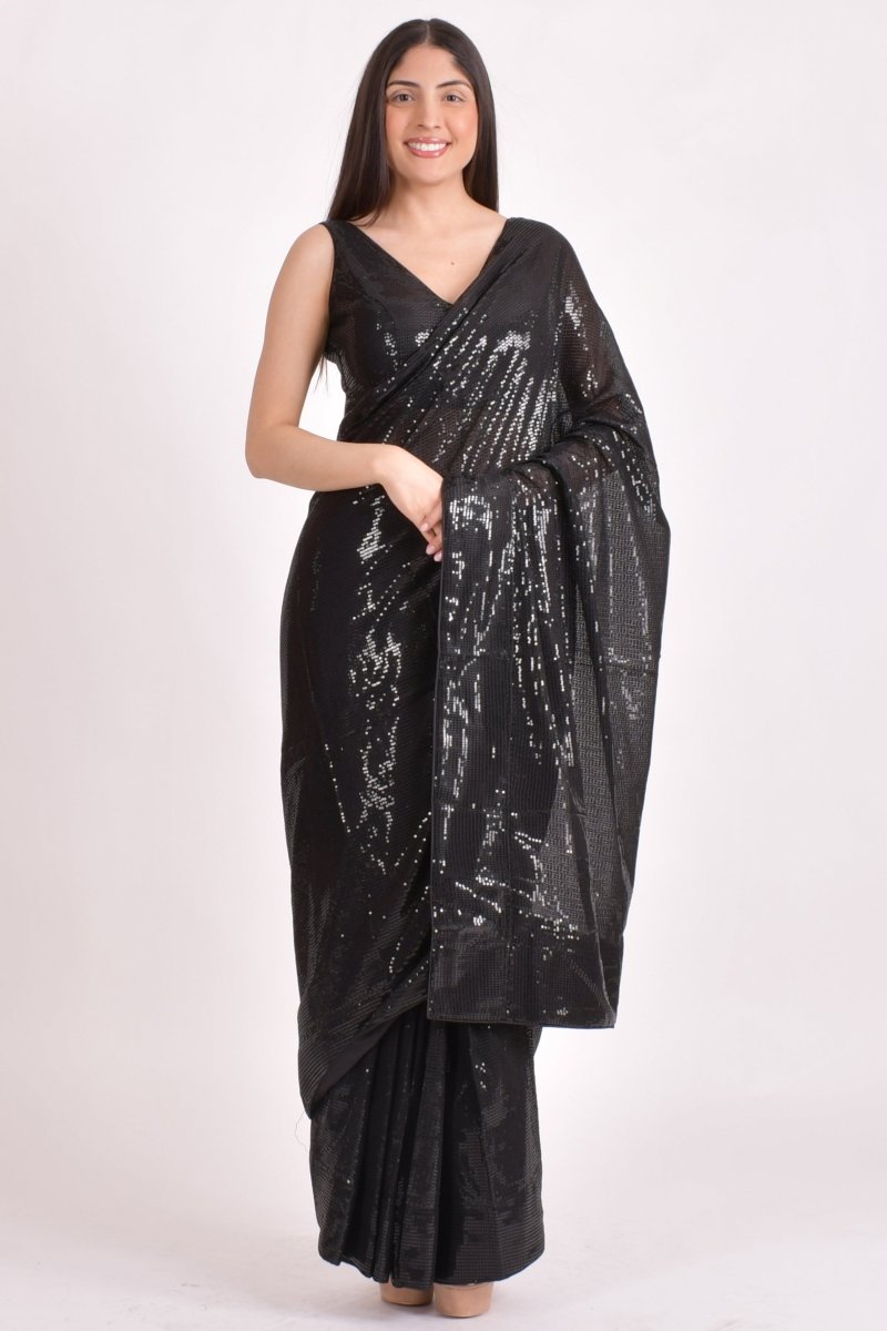 Black Sequins Pre-Draped Saree and V Neck Sequins Blouse-[pre_stitched_saree]-Raas