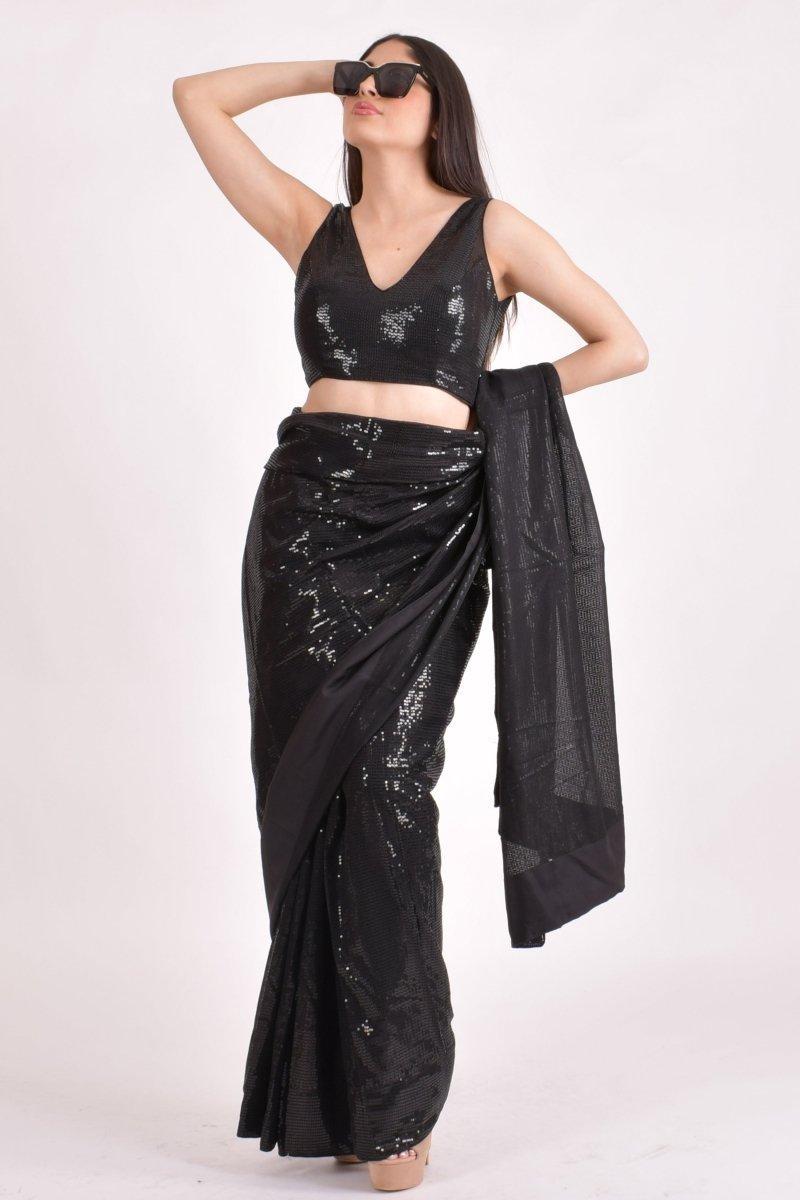 Black Sequins Pre-Draped Saree and V Neck Sequins Blouse-[pre_stitched_saree]-Raas