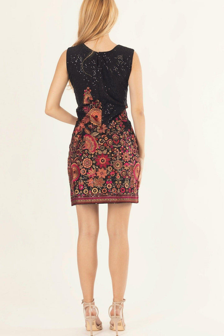 Black Short Dress with All-Over Sequins Embroidery-Raas USA