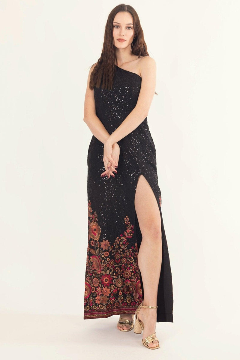 Black one-shoulder sequin georgette long dress with floral resham embroidery and a left leg slit.