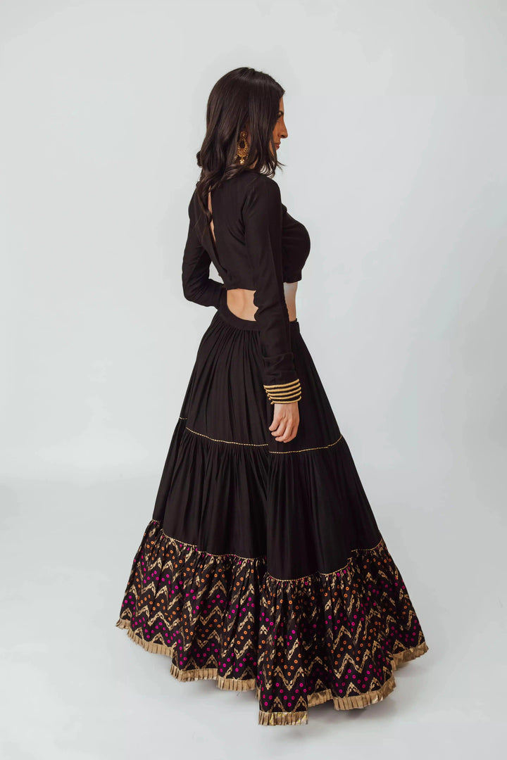 Black Tiered Lehenga Choli Set-[comfort-first-design]-[lightweight]-Raas