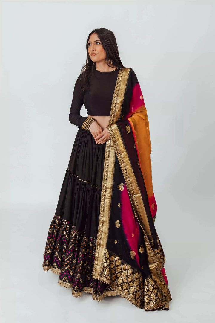Black Tiered Lehenga Choli Set-[comfort-first-design]-[lightweight]-Raas
