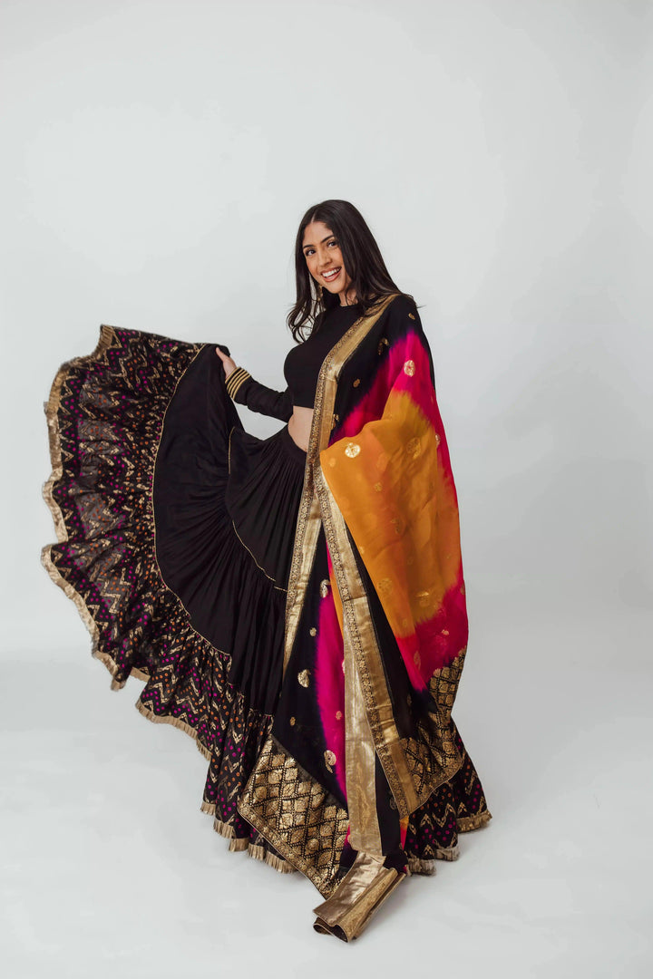Black Tiered Lehenga Choli Set-[comfort-first-design]-[lightweight]-Raas