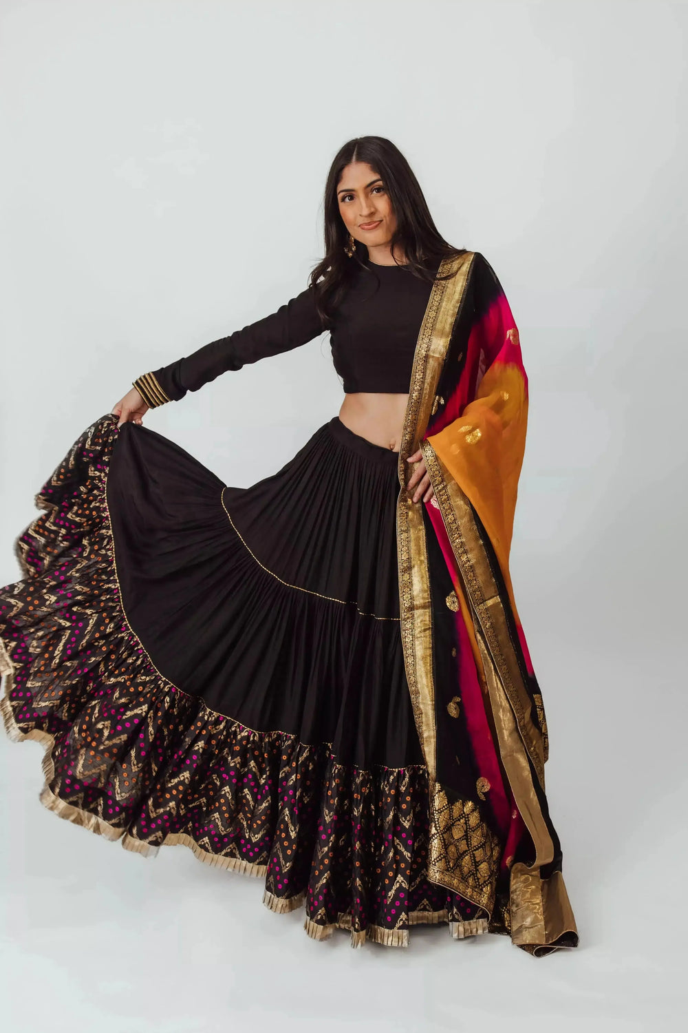 Black Tiered Lehenga Choli Set-[comfort-first-design]-[lightweight]-Raas