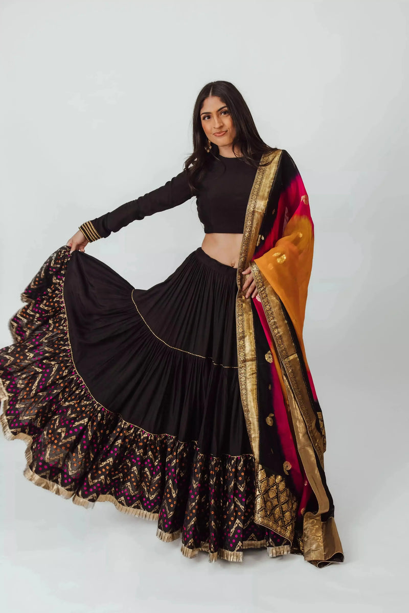 Black Tiered Lehenga Choli Set-[comfort-first-design]-[lightweight]-Raas