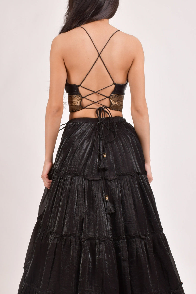 Black V-Neck Tiered Lehenga Choli Set-[comfort-first-design]-[lightweight]-Raas