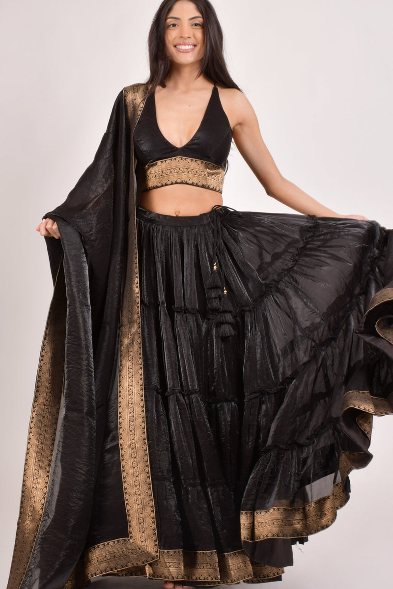 Black V-Neck Tiered Lehenga Choli Set-[comfort-first-design]-[lightweight]-Raas