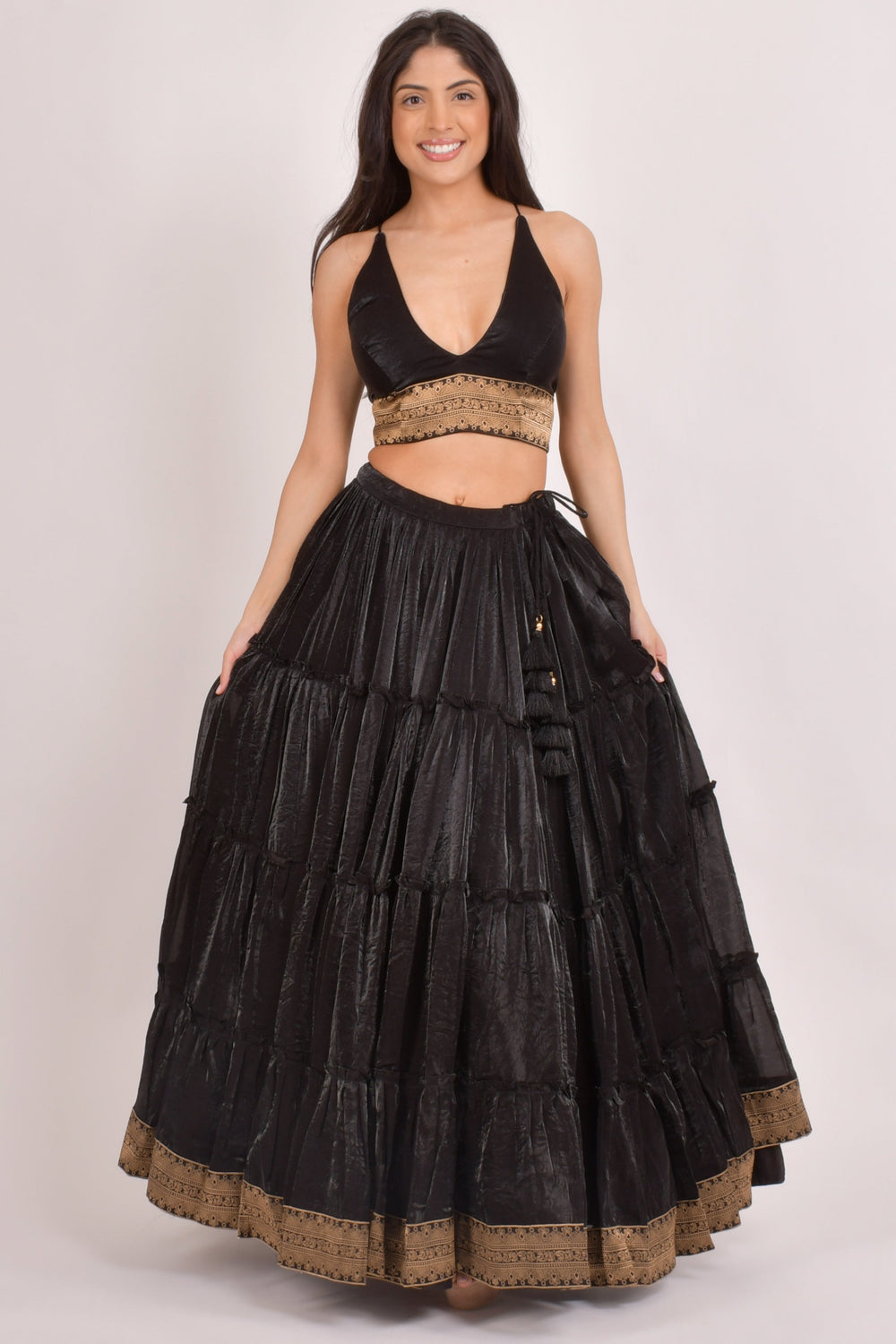 Black V-Neck Tiered Lehenga Choli Set-[comfort-first-design]-[lightweight]-Raas