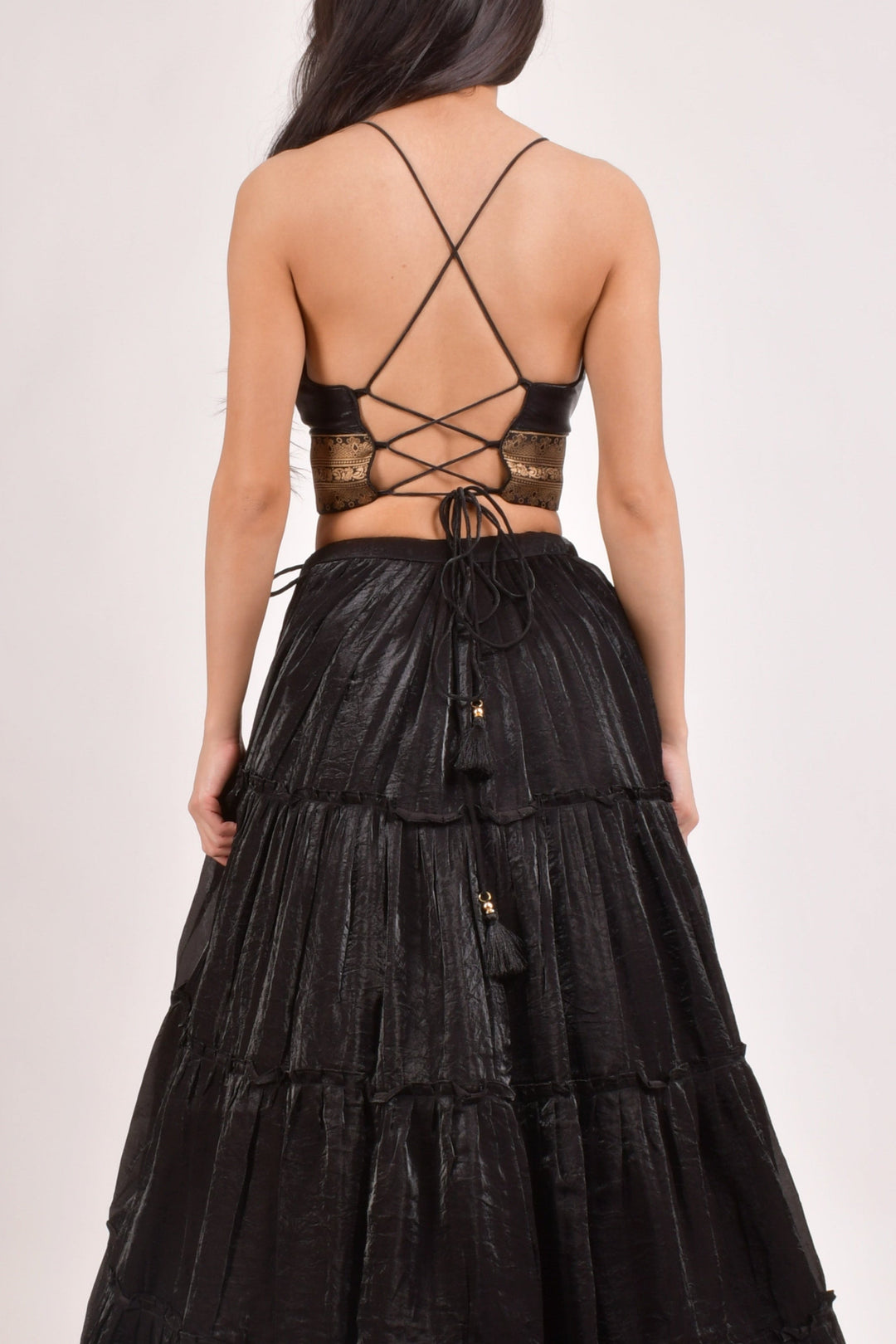 Black V-Neck Tiered Lehenga Choli Set-Raas USA