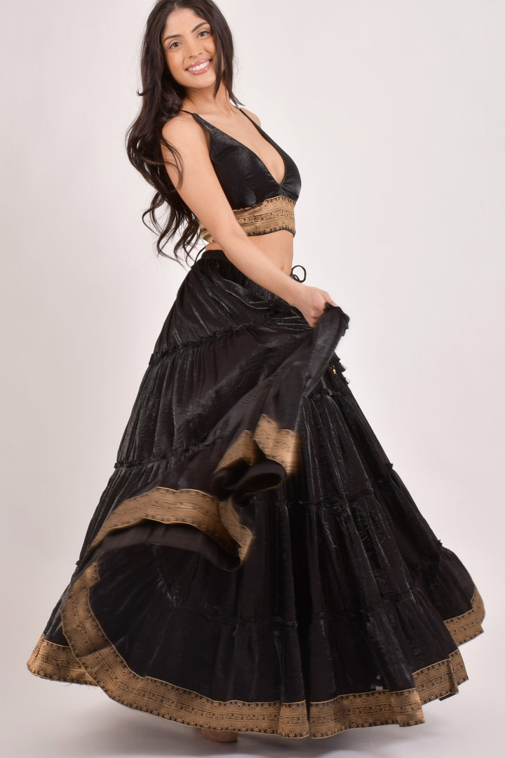 Black V-Neck Tiered Lehenga Choli Set-Raas USA