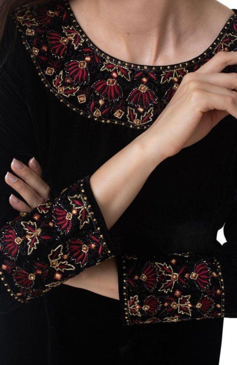 Shop Black Velvet Dress with Hand Embroidery M / Black Shop Black Velvet Dress with Hand Embroidery M / Black
