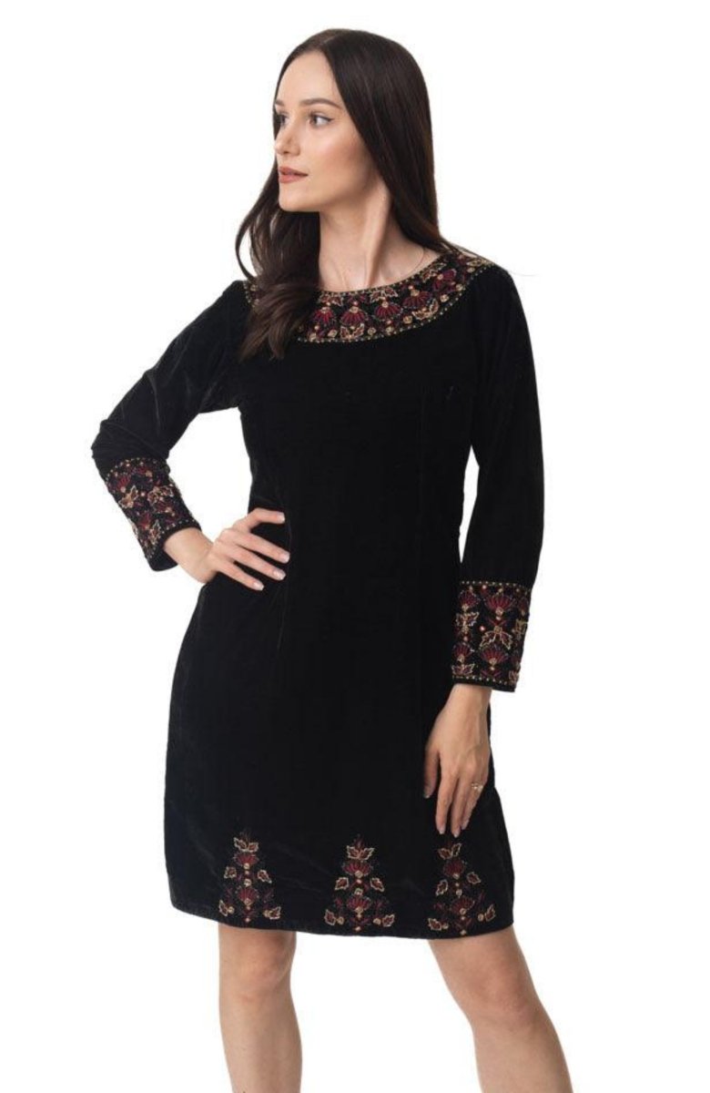 Shop Black Velvet Dress with Hand Embroidery M / Black Shop Black Velvet Dress with Hand Embroidery M / Black