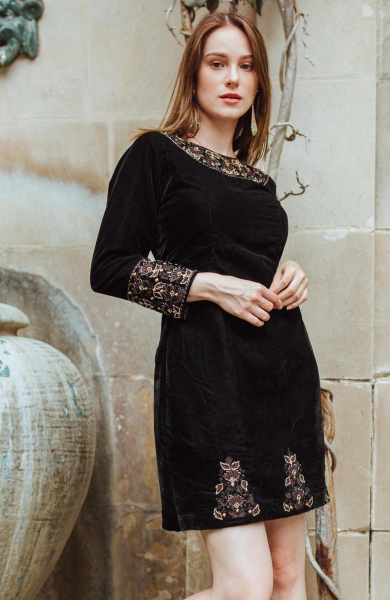 Black Velvet Dress with Hand Embroidery dresses RAAS