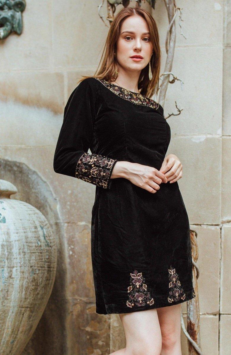 Shop Black Velvet Dress with Hand Embroidery M / Black